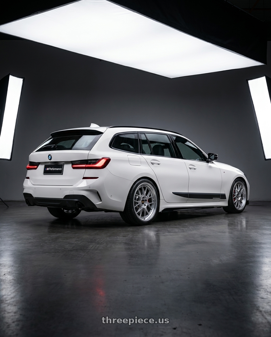 2026 BMW 320 TOURING with BBS LM-R 5x114.3 19x8.5+25 Diamond Silver wheels rear three quarter view square tires