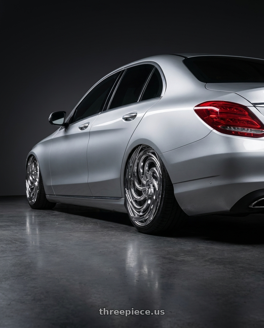 2018 Mercedes-Benz C180 with Azara AZA-519 5x108/5x114.3 22x8.5 +38 Chrome wheels rear three quarter view slight stretch tires