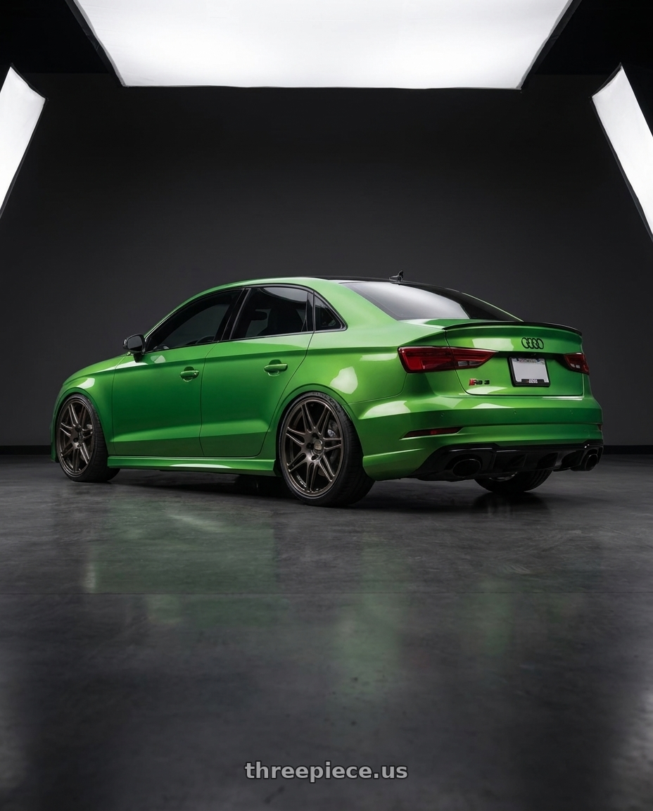 2017 Audi RS3 with BBS FS 5x112 19x9.5+45 Diamond Black wheels rear three quarter view extreme stretch tires