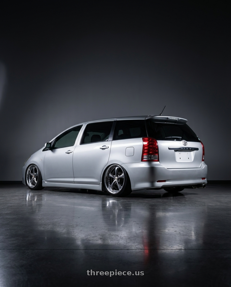 2008 Toyota wish with Work Wheels VS-KF 5X114.3 19x7.5+21 Brilliant Silver Black A Disk FULL REVERSE wheels rear three quarter view slight stretch tires