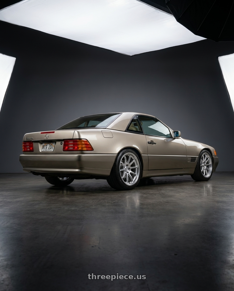 1991 Mercedes 500sl base gold with KATANA RACING HR06 5x112 18x9.5 +22 Hyper Silver wheels rear three quarter view slight stretch tires