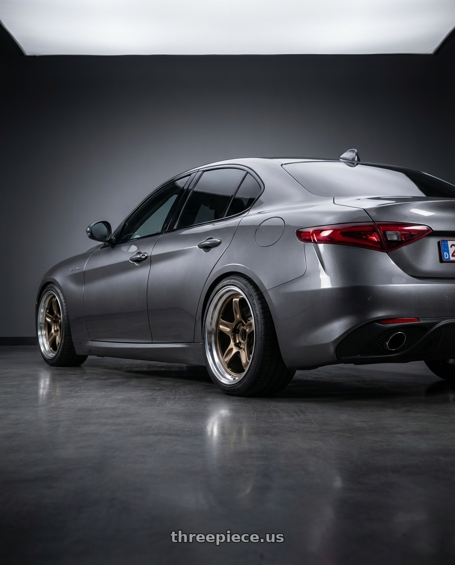 2022 alfa romeo giulia with Volk Racing 21C SPEC-SR 5x114.3 18x9.5 +20 SHINING BRONZE METAL wheels rear three quarter view square tires