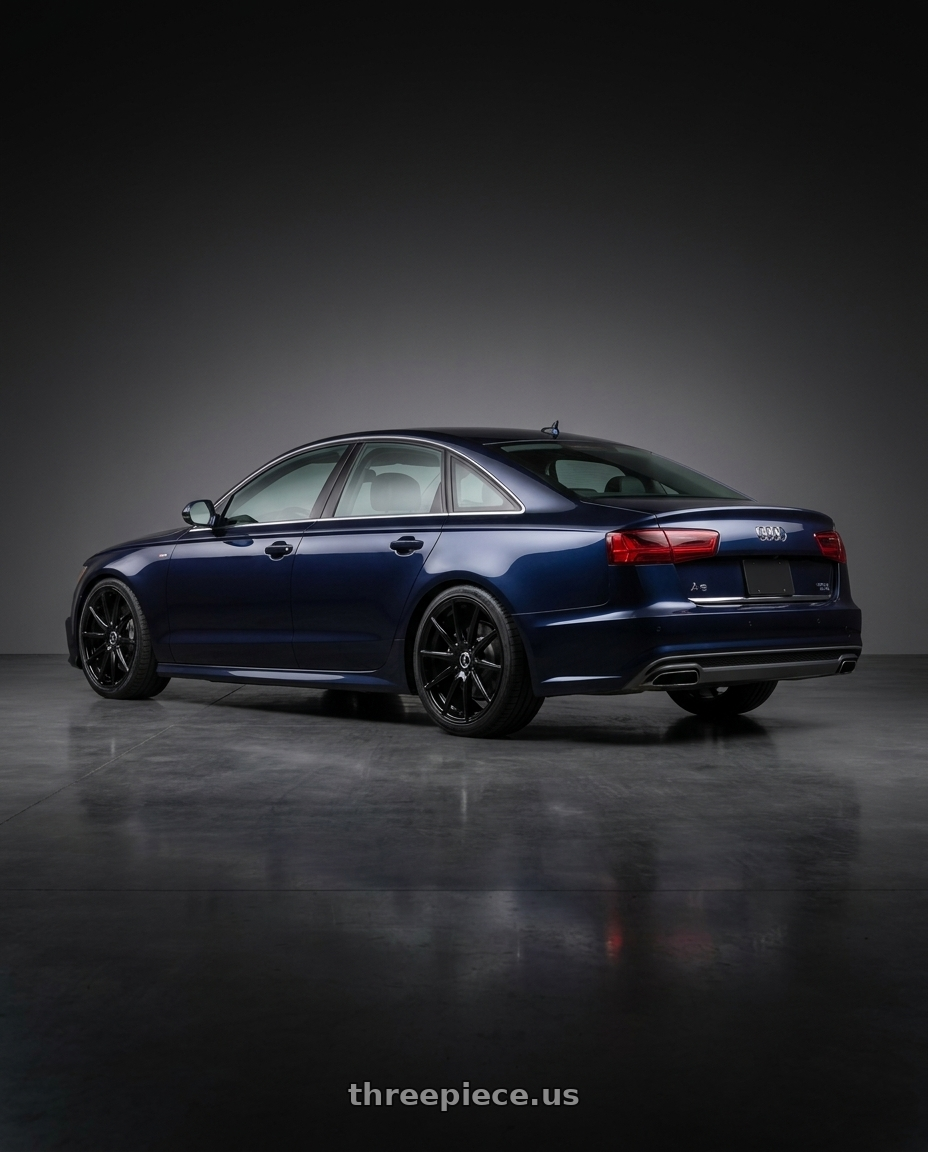 2017 Audi A6 with Kraze Cosmos 194 5x112 18x8+40 Gloss Black wheels rear three quarter view square tires