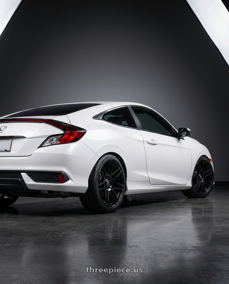2017 Honda Civic with Forgestar F14 5x114.3 19x11 +26 Gloss Black wheels rear three quarter view square tires