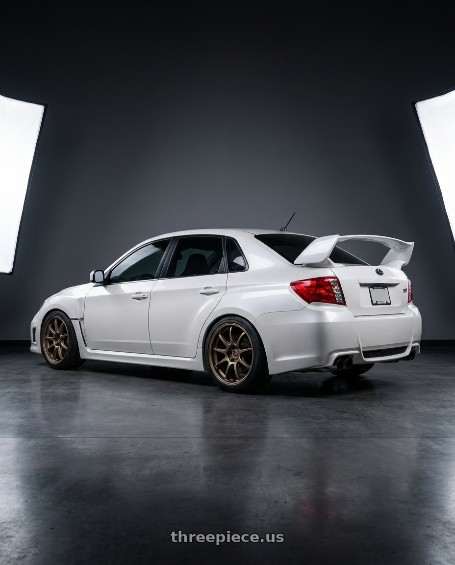 2011 sti sedan with Work Emotion D9r 5x114.3 19x8.5 +38 Matte Bronze wheels rear three quarter view square tires