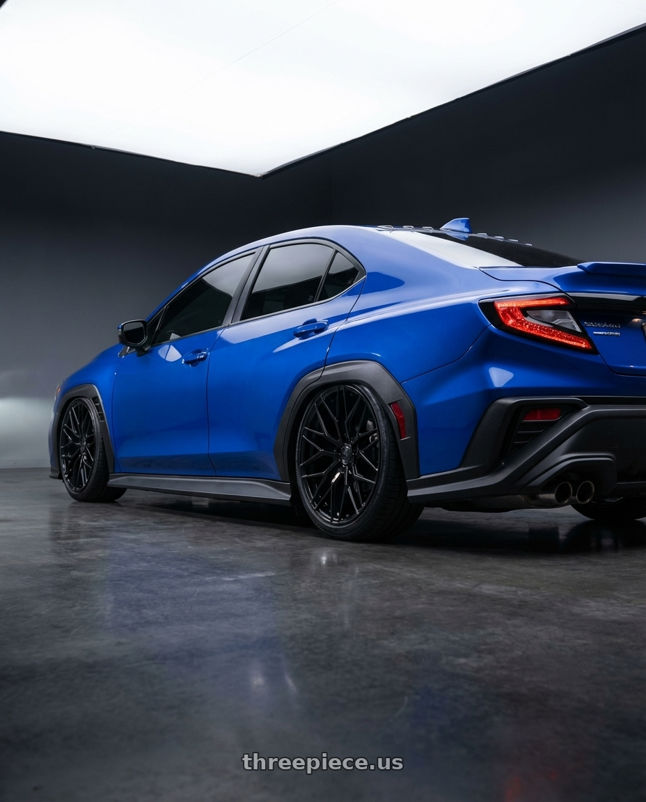 2024 Subaru WRX with Avant Garde Wheels M520R 5X114.3 19x9.5 +40 Gloss Black wheels rear three quarter view slight stretch tires