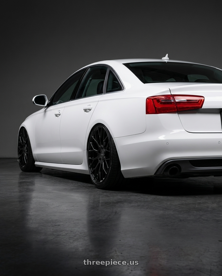 2013 Audi a6 with Petrol P2B 5X100 15X7 +40 GLOSS BLACK wheels rear three quarter view slight stretch tires