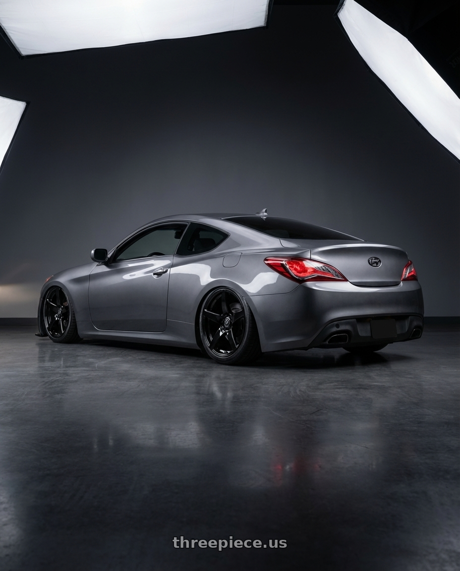 2014 Hyundai Genesis Coupe with Forgestar CF5 5x114.3 19x9 +35 Gloss Black wheels rear three quarter view slight stretch tires