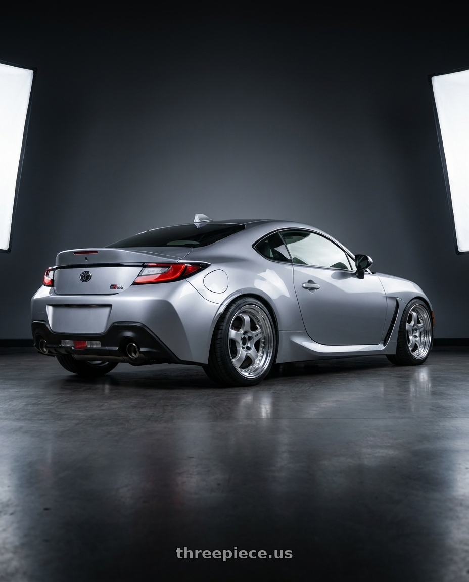 2022 Toyota GR86 with Work Meister S1 3P 5x100 18x7.5+48 L Disk Silver wheels rear three quarter view square tires