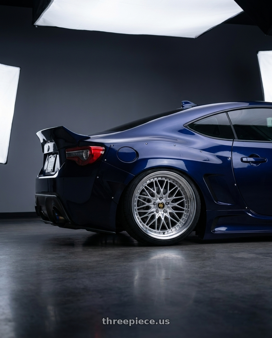 2020 Subaru brz with Work Vs-Xv 5x100 18x10-44 R Disk Silky Rich Silver wheels rear three quarter view square tires