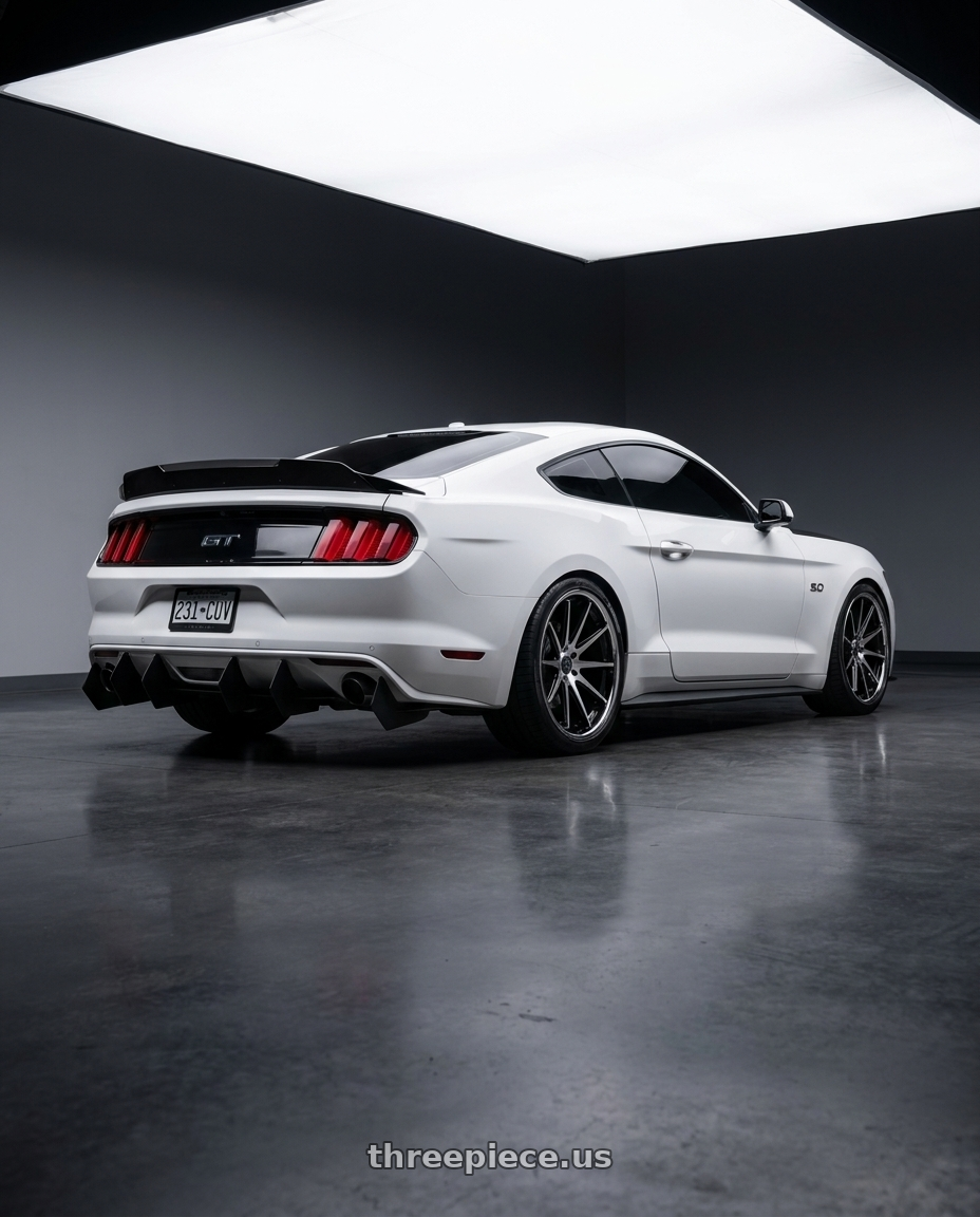 2016 Ford mustang with Rohana RFC10 5x114.3 20x9+25 Machine Black/Chrome Lip wheels rear three quarter view square tires