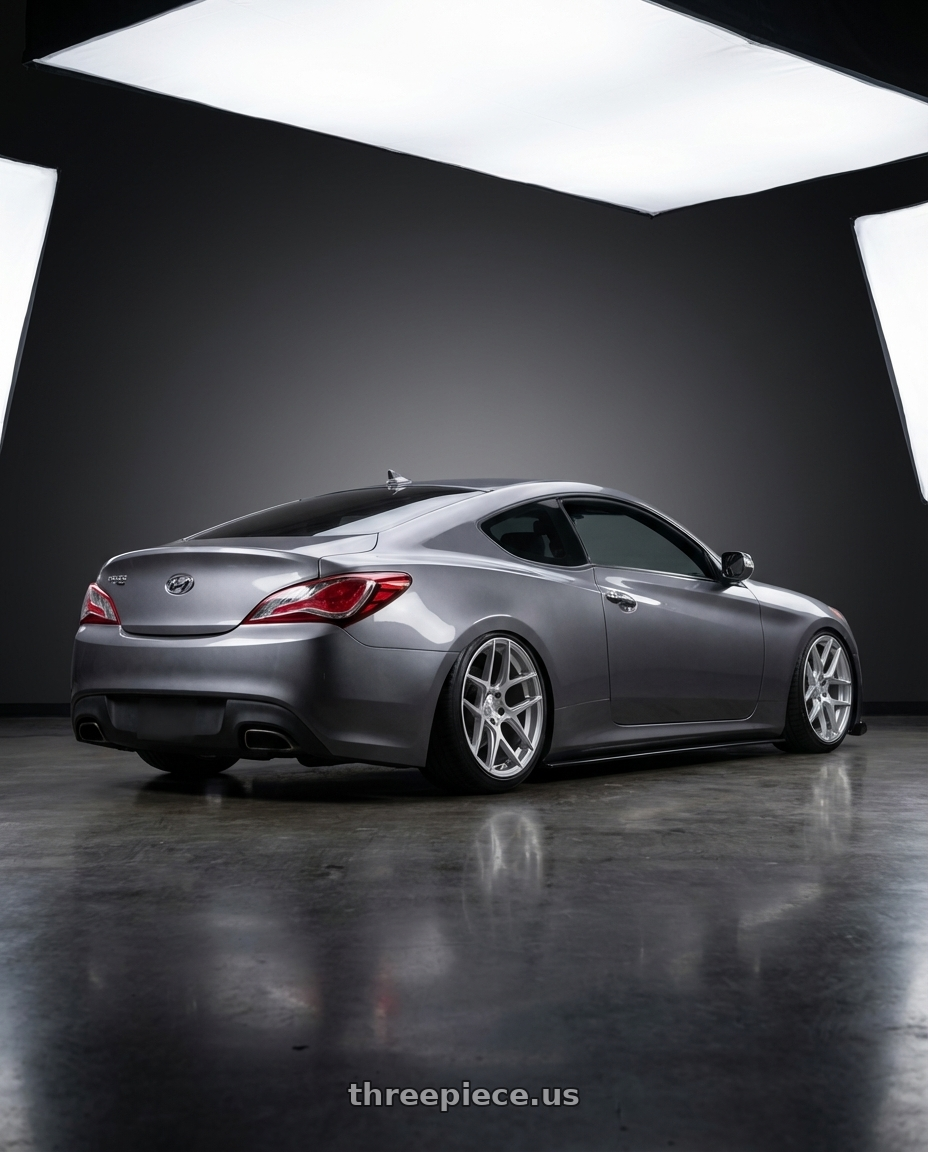 2014 Hyundai Genesis Coupe with Aodhan AFF2 5x114.3 19x8.5+35 Gloss Silver Machined Face wheels rear three quarter view slight stretch tires