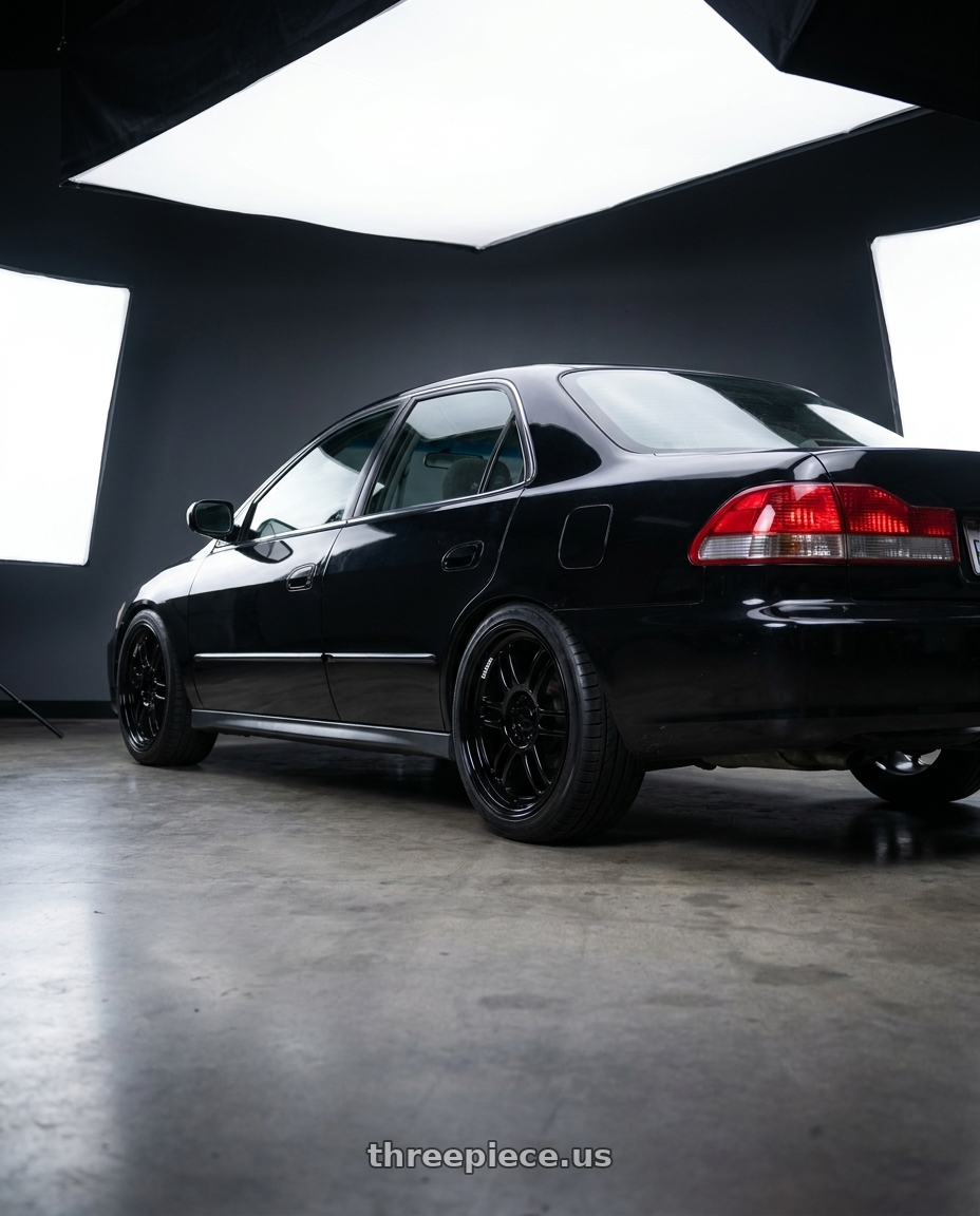 2001 Honda accord lx 4dr with KATANA RACING KR02 4x100/4x114.3 17x7.5 +40 Glossy Black wheels rear three quarter view square tires