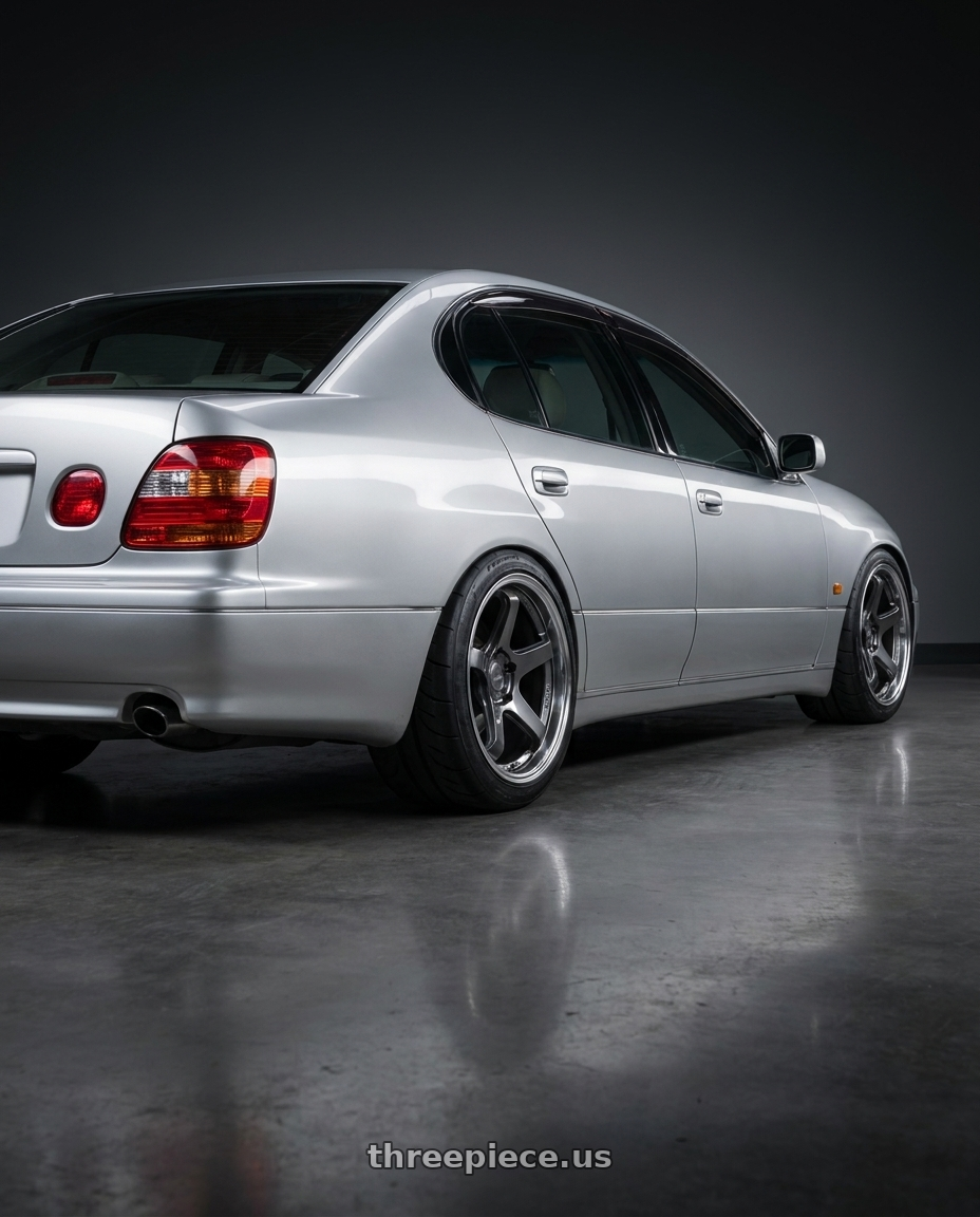 2001 Lexus GS300 with KATANA RACING HR05 5x114.3 18x9.5 +38 Gloss Gunmetal M Lip wheels rear three quarter view meaty tires
