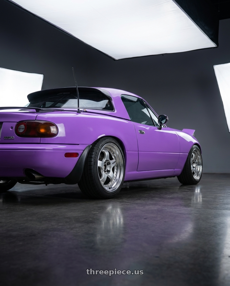 1995 mazda miata with Work Meister S1 2P 4x100 15x8+22 R Disk Silver wheels rear three quarter view square tires