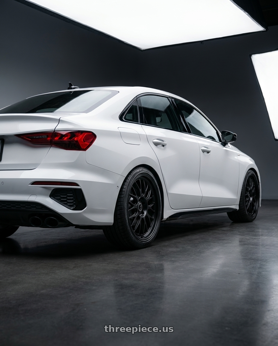 2024 Audi S3 8Y with fifteen52 HOLESHOT 5x112 19x8.5 +45 ASPHALT BLACK (SATIN BLACK) wheels rear three quarter view square tires