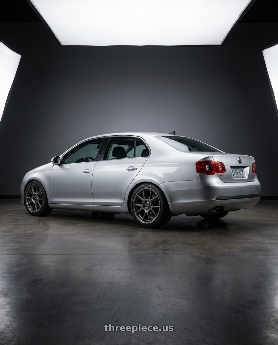 2009 Volkswagen Jetta GLI MK5 with Konig Ampliform 5x112 18x8.5+43 Dark Metallic Graphite wheels rear three quarter view square tires