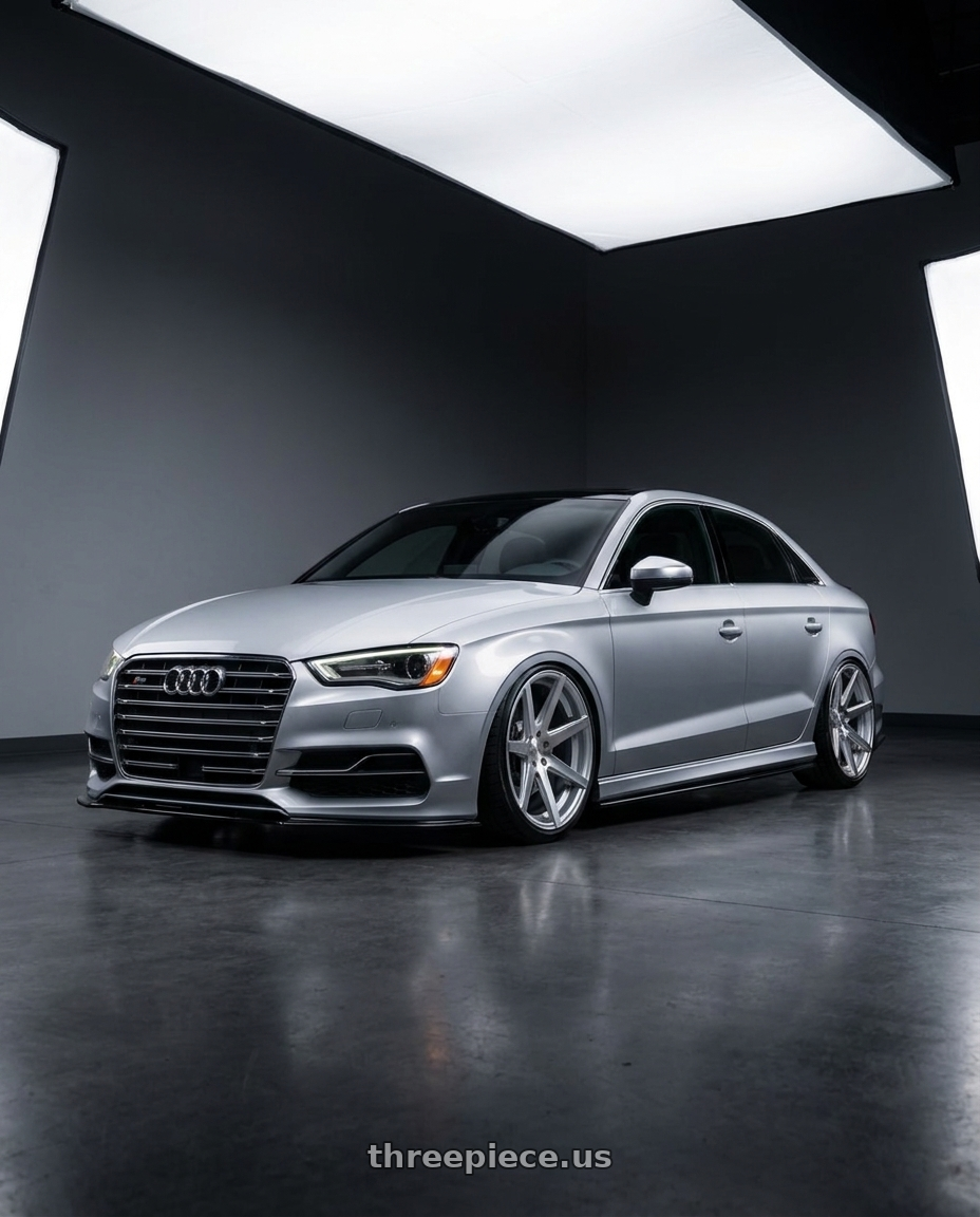 2015 Audi A3 Quattro with Rohana RC7 5x112 19x8.5+35 Machine Silver wheels front three quarter view lowered stance