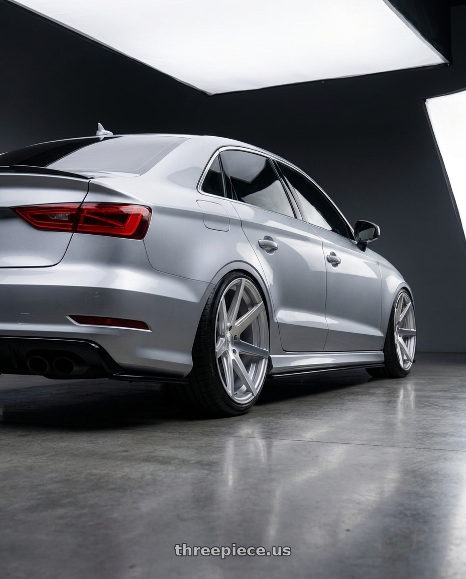 2015 Audi A3 Quattro with Rohana RC7 5x112 19x8.5+35 Machine Silver wheels rear three quarter view extreme stretch tires