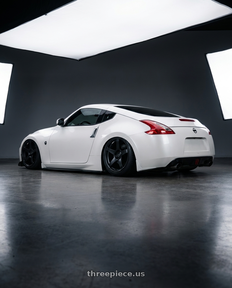 2019 Nissan 370Z with Ssr Gtv01 5x114.3 19x8.5+38  FLAT BLACK wheels rear three quarter view slight stretch tires