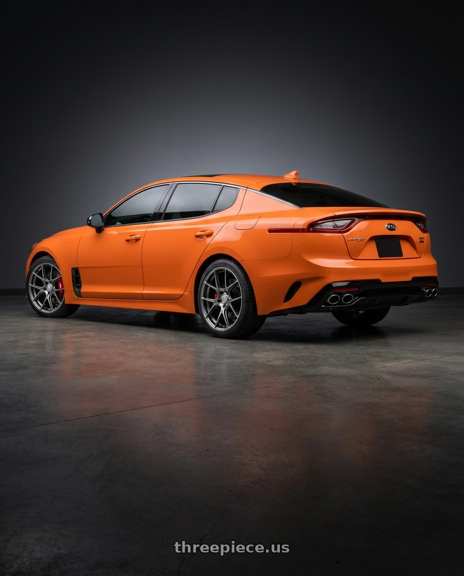 2019 KIA stinger gts  with Aodhan AH-X 5x114.3 19x8.5 +35 Hyper Black wheels rear three quarter view square tires