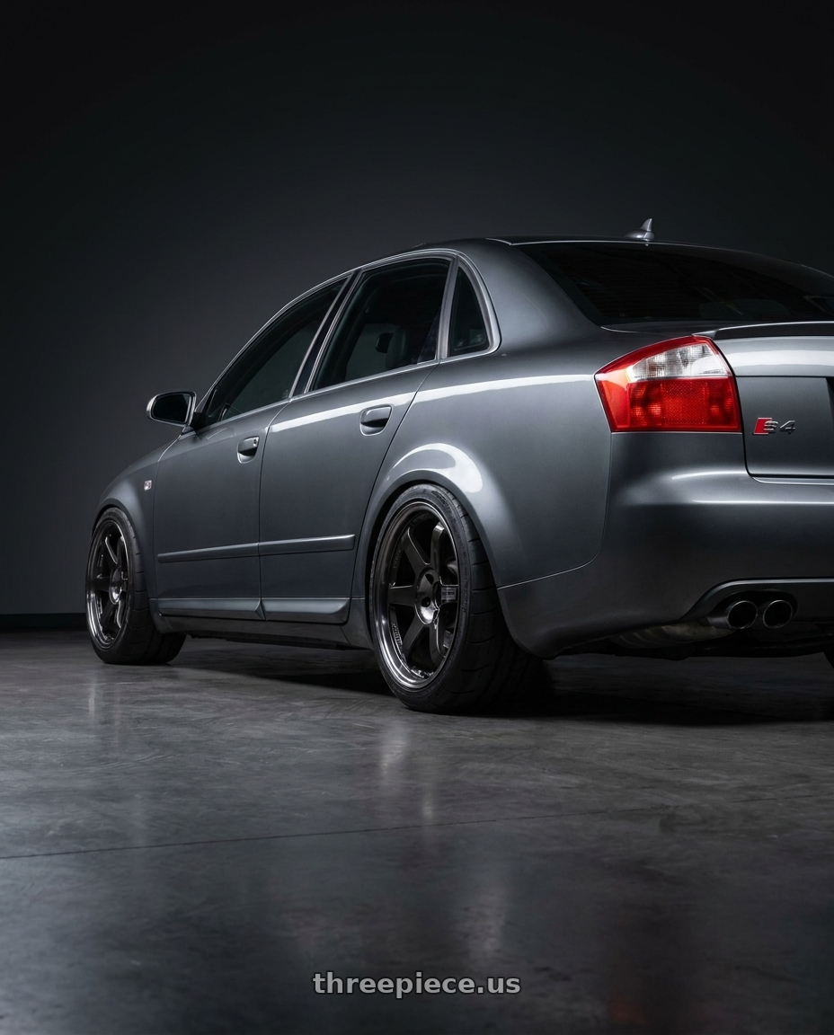 2005 Audi S4 with Volk Racing TE37SL 5x114.3 19x10.5+12 Pressed Double Black wheels rear three quarter view meaty tires