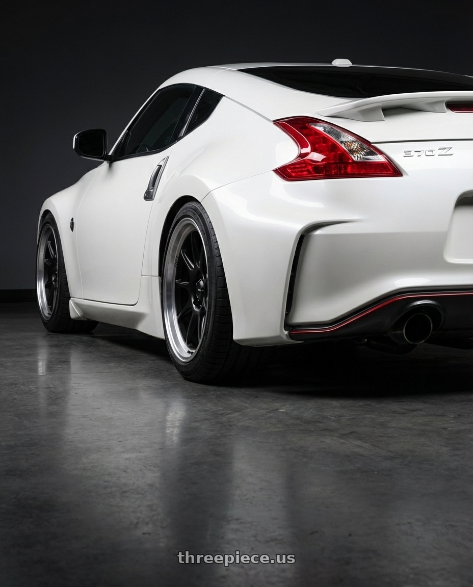 2019 Nissan 370Z with Konig Countergram 5x114.3 19x9.5+25 Matte Black / Matte Machined Lip wheels rear three quarter view square tires
