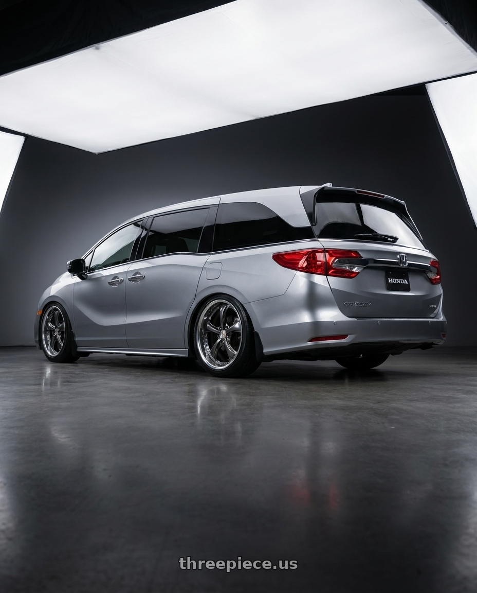 2024 Honda Odyssey with Work Wheels VS-KF 5x120 20x8+40 Brilliant Silver Black A Disk FULL REVERSE wheels rear three quarter view slight stretch tires