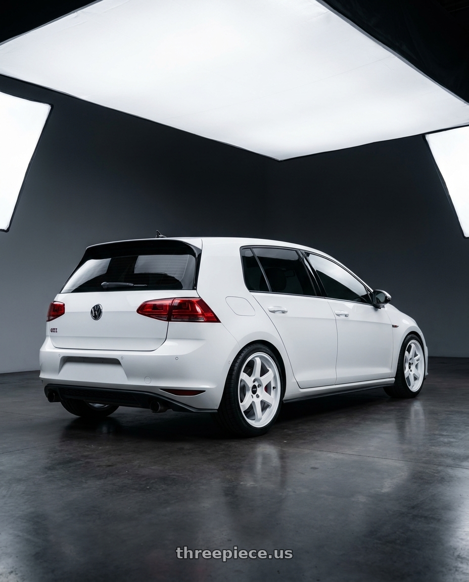 2017 Volkswagen Gti White Performance with 9six9 SIX-1 5x112 18X8.5 +35 Competition White wheels rear three quarter view square tires