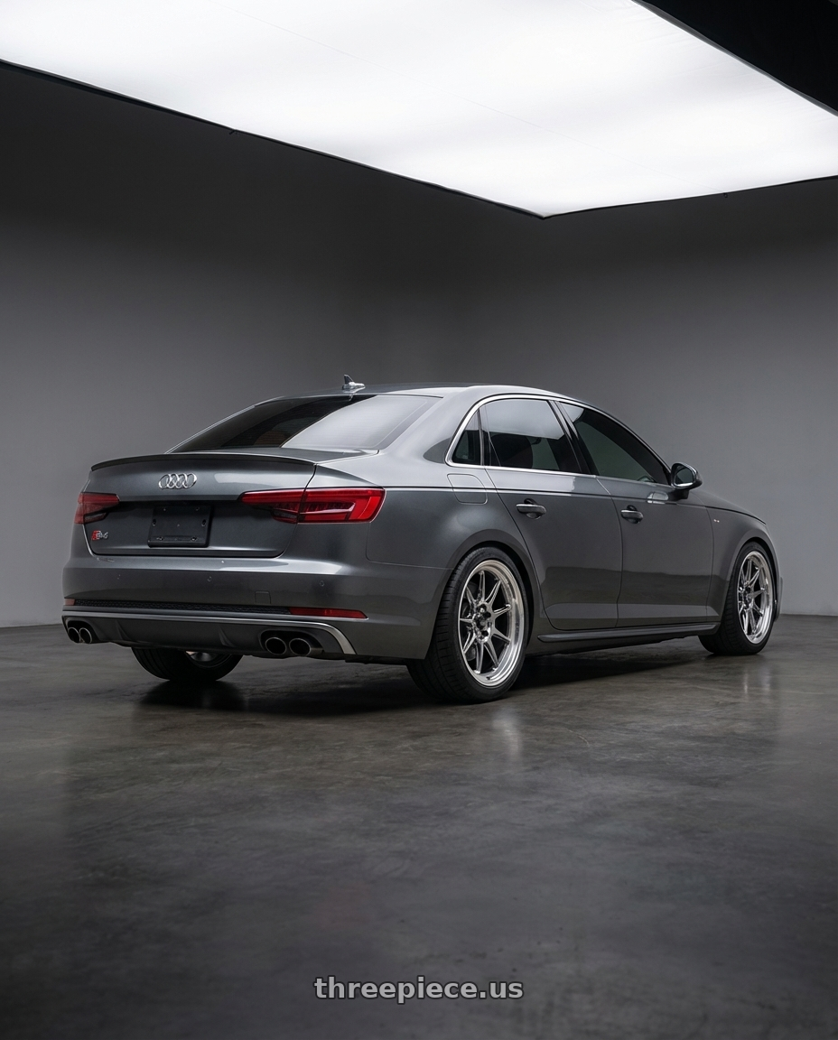 2023 Audi S4 B9 with Konig Countergram 5x112 19x11+40 Hyper Chrome / Machined Lip wheels rear three quarter view square tires