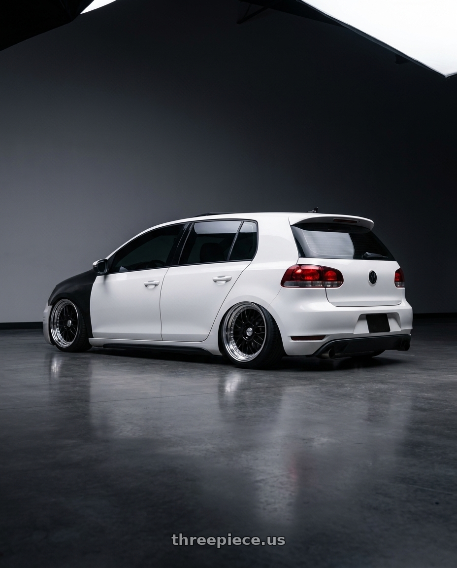 2013 Volkswagen Gti with Work Meister M1 3p 4x100 16x10.5+0 W Disk Black wheels rear three quarter view slight stretch tires