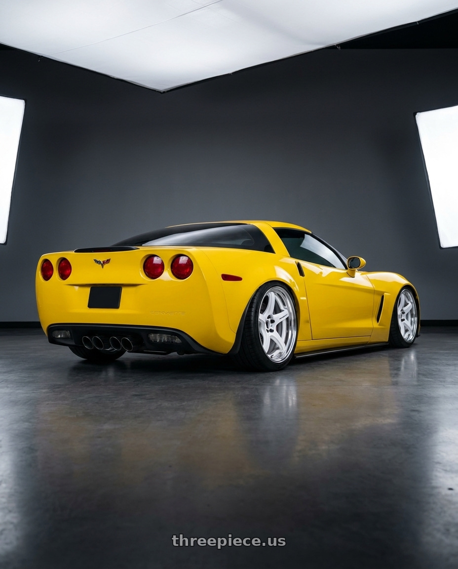 2007 Chevrolet Corvette Base Velocity with Work T5R 2P 5x120 18x10.0 +45 WHITE wheels rear three quarter view slight stretch tires
