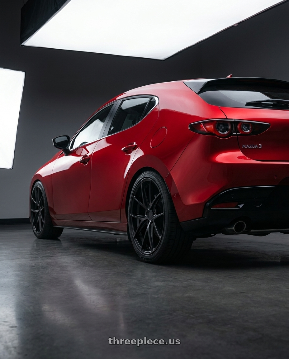 2024 Mazda 3 Hatchback with Niche 1PC M117 MISANO 5X114.3 18X8 +42 MATTE BLACK wheels rear three quarter view square tires
