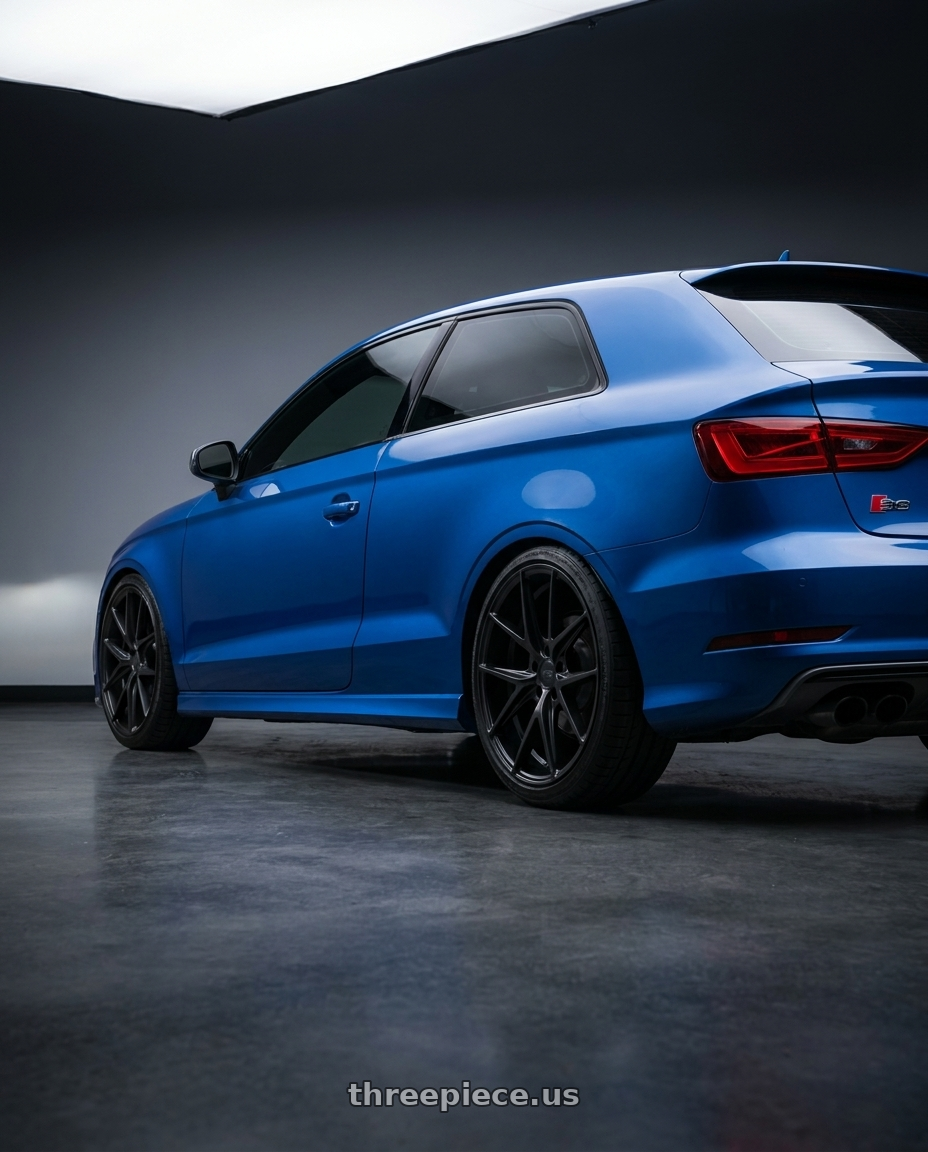 2019 Audi S3 8V with Niche 1PC M117 MISANO 5X112 18X9.5 +48 MATTE BLACK wheels rear three quarter view square tires