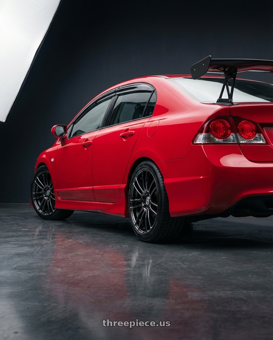 honda civic 2007 with Stage Wheels Belmont 5x120 18x8.5 +35 Black Chrome wheels rear three quarter view square tires