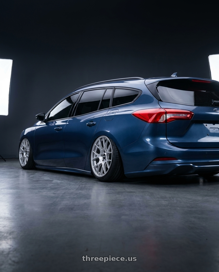 2023 focus wagon mk4.5深藍色 with BBS CH-R 5x112 18x8.5 +38 Brilliant Silver Polished Rim Protector wheels rear three quarter view extreme stretch tires