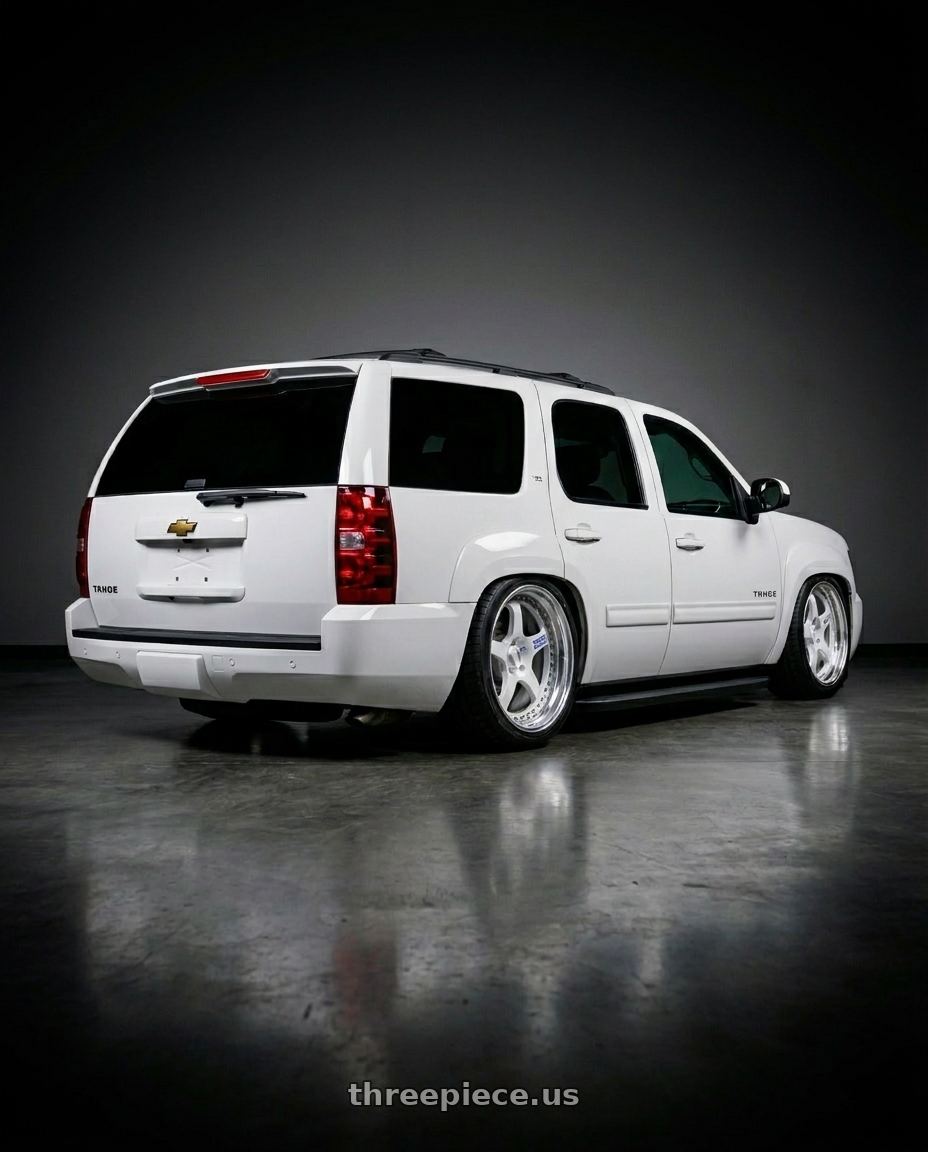 2011 Chevy Tahoe  with CCW LM5T 6x139.7 20x10 +22 Polished wheels rear three quarter view slight stretch tires