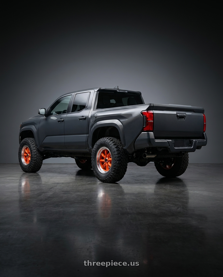 toyota tacoma 4th gen 2024 sr rwd with G - LINE ALLOYS G8014 4x100/4x114.3 15x8+20 ORANGE / MACHINED wheels rear three quarter view meaty tires
