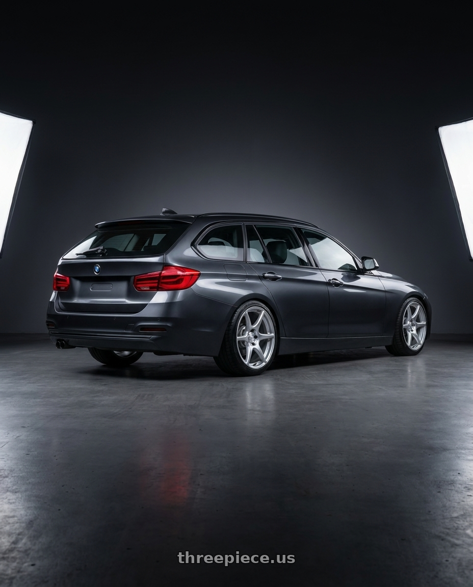 2016 BMW 3 Series F30 with Kansei K11S Tandem 5X120 19x9.5 22 Hyper Silver wheels rear three quarter view square tires