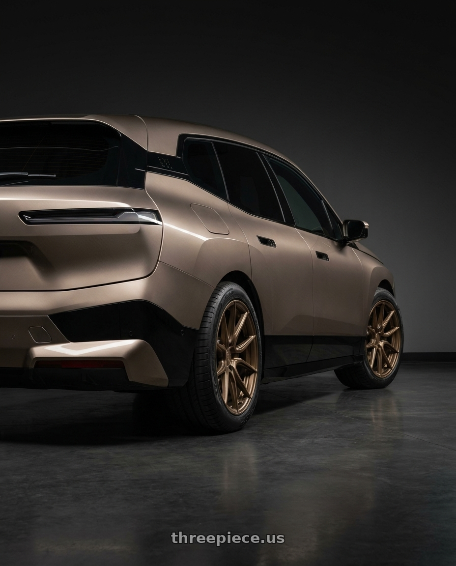 2023 BMW iX with MRR FS6 5x112 21x9  +35 Matte Bronze wheels rear three quarter view meaty tires
