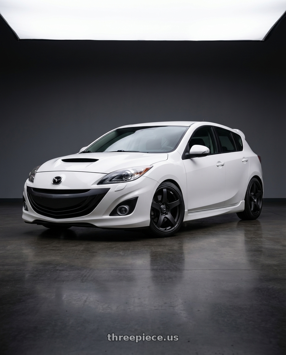 2012 Mazda Mazdaspeed3 with Ssr Gtv01 5x114.3 18x8.5+40  FLAT BLACK wheels front three quarter view lowered stance