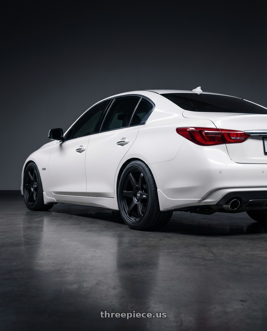 2020 Infiniti Q50 with ESR Wheels APEX SERIES AP6 5x114.3 19x9.5 +35 Matte Black wheels rear three quarter view square tires