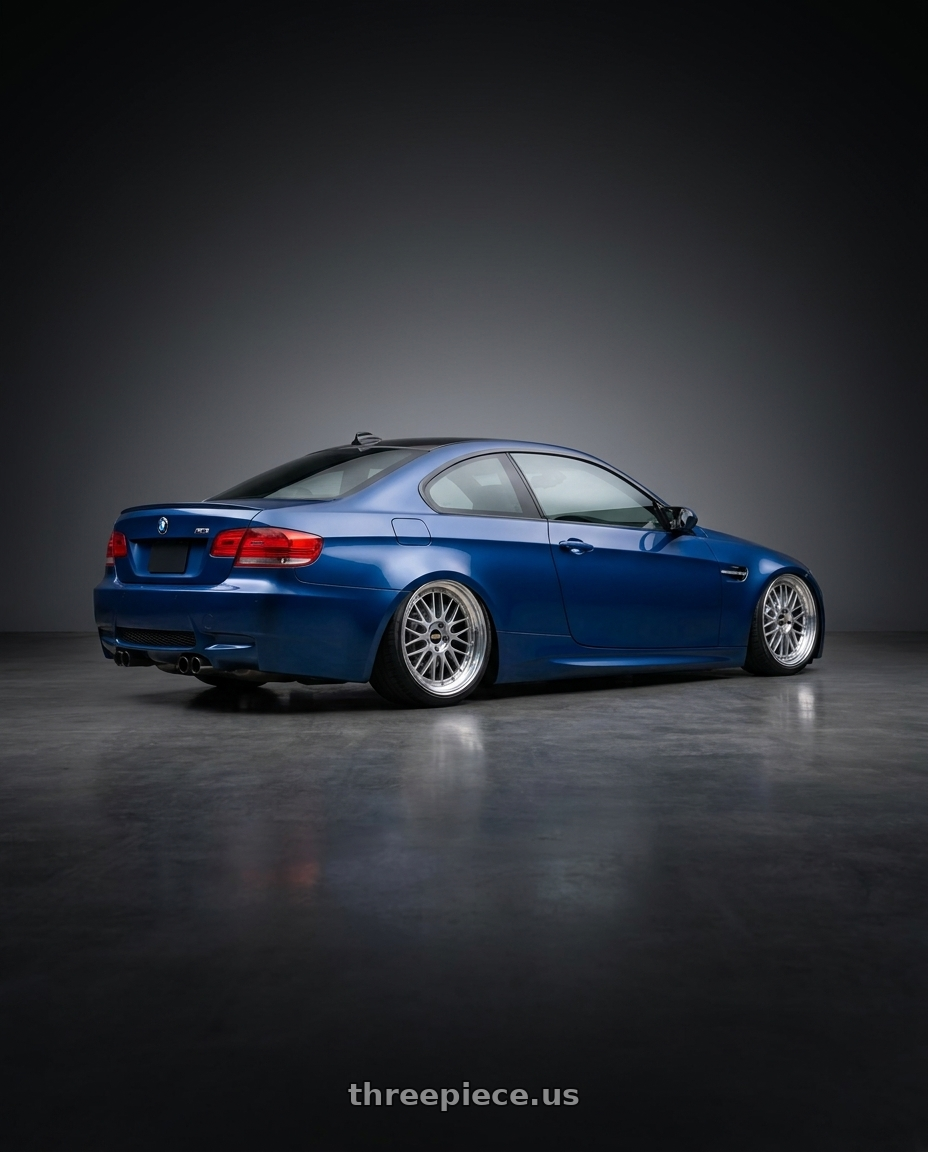 2009 Bmw m3 with BBS LM 5x114.3 18x8.0+40 Diamond Silver wheels rear three quarter view slight stretch tires