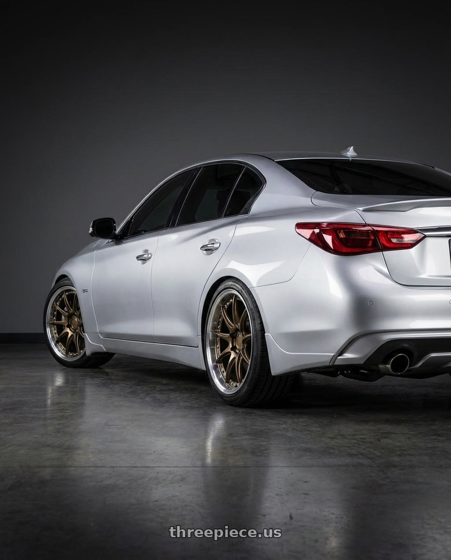 2019 Infiniti Q50 with Aodhan DS07 5x114.3 19x9.5+15 Bronze w/Machined Lip wheels rear three quarter view square tires