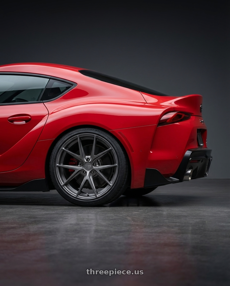 2023 Toyota GR Supra with Niche 1PC M116 MISANO 5X112 19X8.5 +25 MATTE GUN METAL wheels rear three quarter view square tires