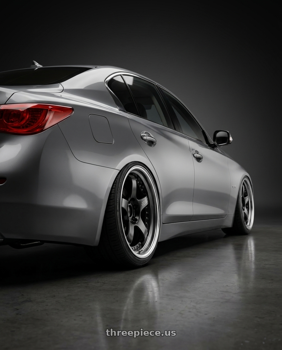 2017 Infiniti Q50 with SSR Professor SP1 5X100 20X9+29 MD Disk Black wheels rear three quarter view slight stretch tires