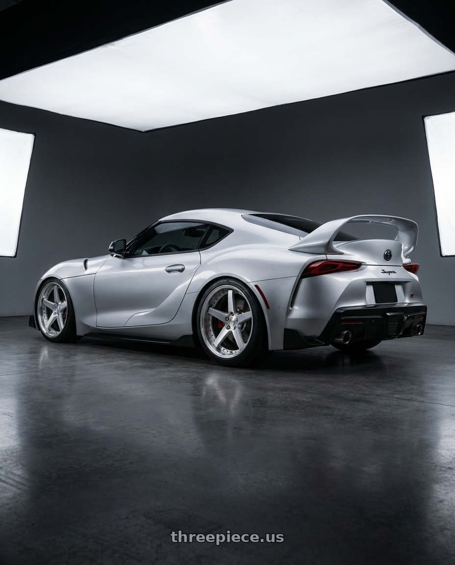2020 gr supra premium with Work Gnosis Gr203 5x112 20x10.5+38 O Disk Brush Silver Clear wheels rear three quarter view square tires
