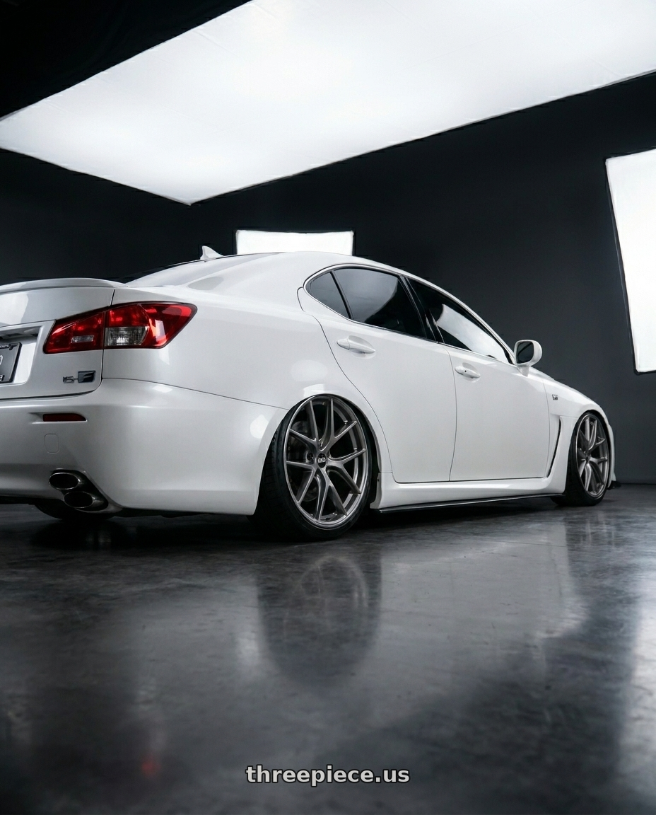 2011 Lexus IS-F with BBS CI-R 5x114.3 20x8.5 +40 Platinum Silver Polished Rim Protector wheels rear three quarter view slight stretch tires