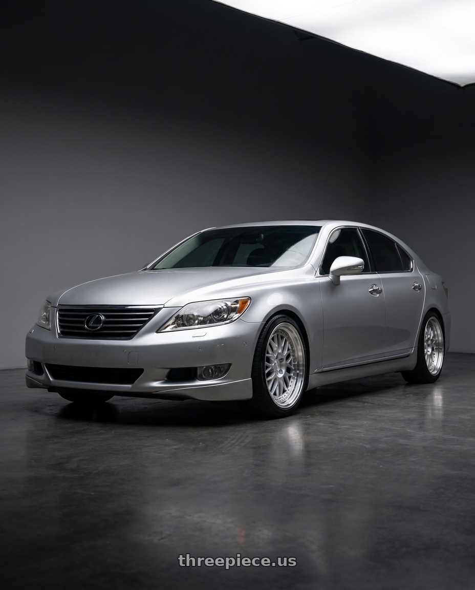 2010 Lexus LS460 with ESR Wheels SR01 5x120 19x9.5 +35 Hyper Silver Machine Lip wheels front three quarter view lowered stance