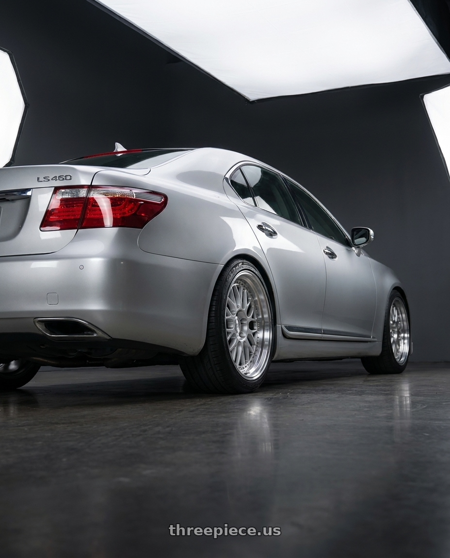 2010 Lexus LS460 with ESR Wheels SR01 5x120 19x9.5 +35 Hyper Silver Machine Lip wheels rear three quarter view square tires
